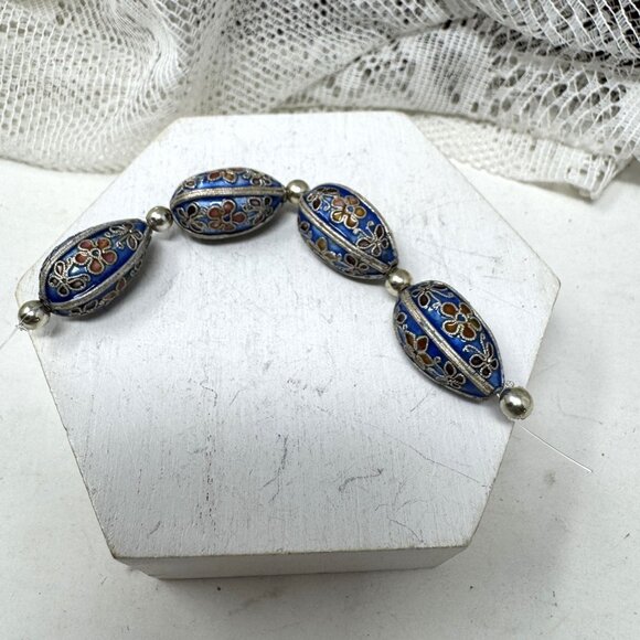 Vintage Cloisonné Blue Floral Oval Bead Necklace Spacer Or Jewelry Making Beads - Picture 6 of 6